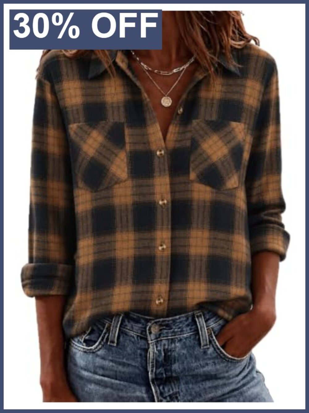 Womens Plaid Flannel Button Down Shirt Long Sleeve Polyester Cotton Work Blouse
